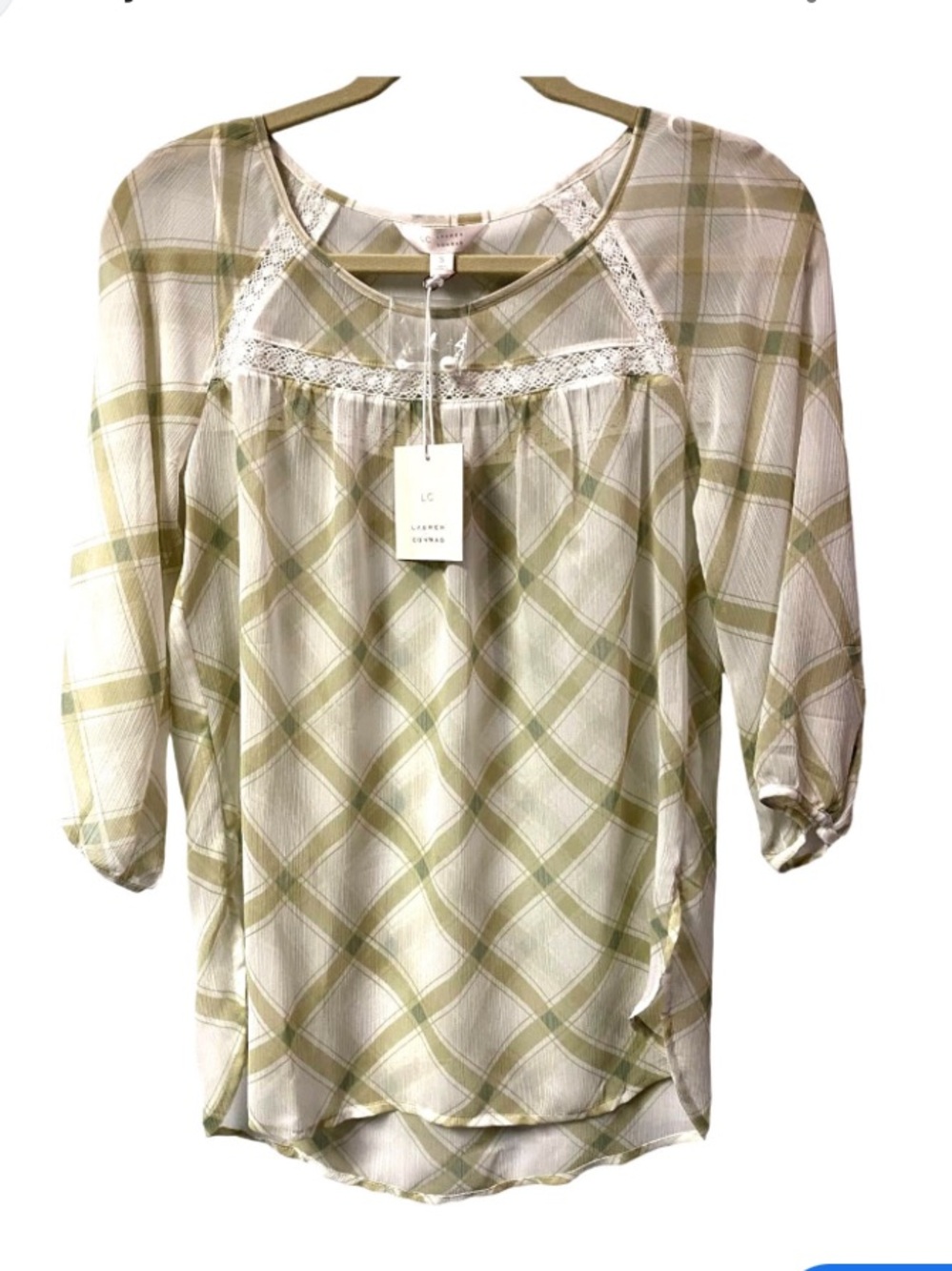 LC Lauren Conrad NWT sheer Olive and Cream Plaid Lace-Yoke Tunic size large